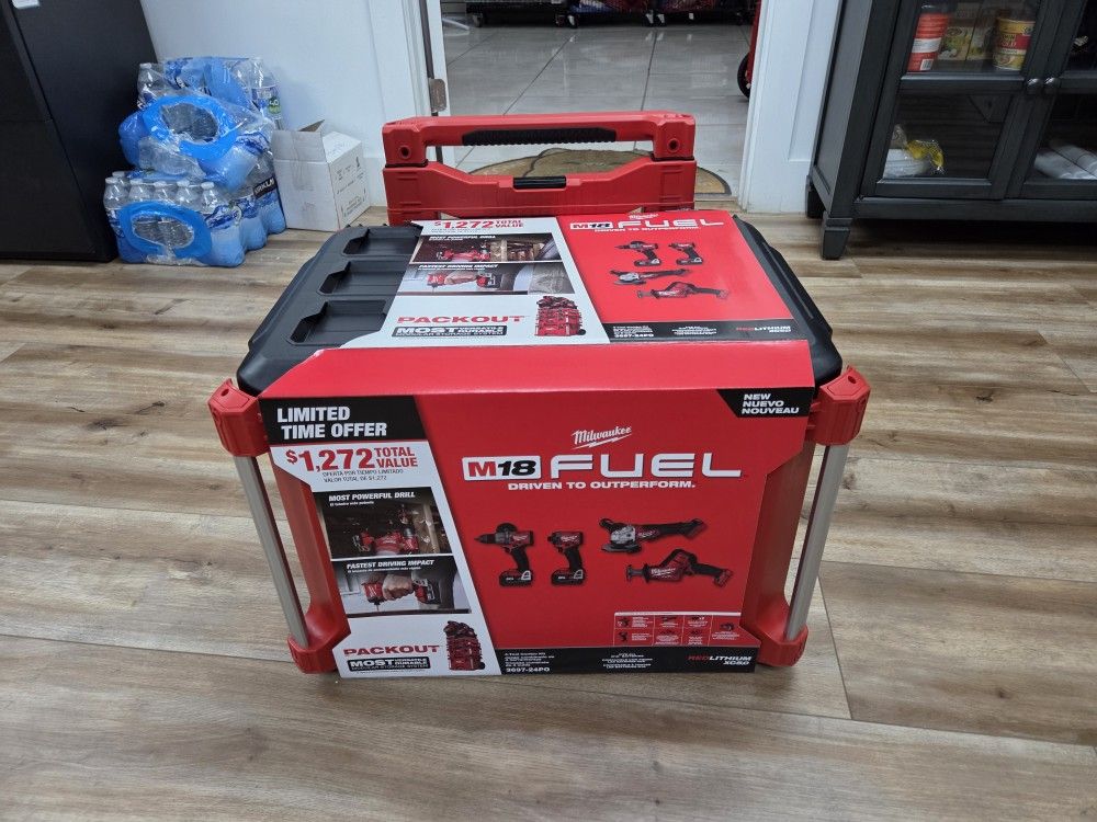 NEW Milwaukee M18 Fuel Brushless 4-Tool Combo Kit With Packout Rolling Tool Box 3697-24PO