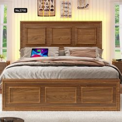 Queen Bed Frame with Headboard Height Adjustable, Farmhouse Platform Bed Frame with Charging Port and LED Lights, Vintage Brown