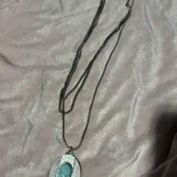 Vintage Faux Turquoise  Pendant Necklace, Triple Chain  Layered Retro  