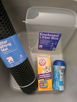 Cat XL enclosed litter box, litter sifting mat, litter deodorizer, litter deodorizer crystals