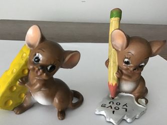 2 1970s Hand-Painted Josef Originals Porcelain Figurines Writing Love Note & w/ Cheese Wedge