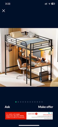 Twin Metal Loft Bed with L Shaped Desk No Mattress Loft Bed Frame Charging Station, Storage Bed  & Open Shelf, Safety Guard & Ladder Desk Under 