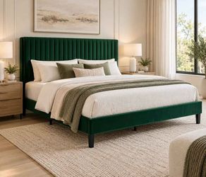 King bed Size Velvet Bed Frame, Tufted Wingback Headboard, Green
47'' Modern Vertical Channel Headboard, Upholstered Platform Bed, Wood Slats, No Box 