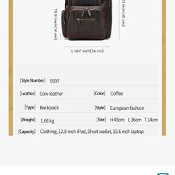 LANNSYNE Men's Vintage Full Grain Leather 15.6 Inch Laptop Backpack Camping Travel 24L Rucksack