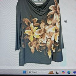 Susan Graver Women’s Top Sz-1X Black Floral Liquid Knit Tunic Cowl Neck 