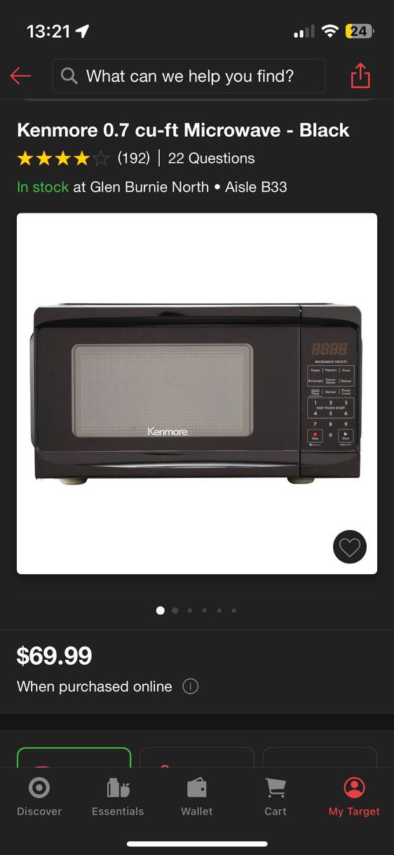 Kenmore Microwave 0.7 cu ft (Black) $25