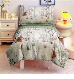 4 Pieces Woodland Animal Toddler Bedding Set for Boys Girls, Forest Animals Comforter Set Bed in a Bag,Toddler Bed Set Includes Comforter, Flat Sheet,