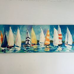 Large Coastal Sailboat Canvas Painting – 5 ft Wide – Modern Beach Decor