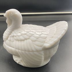 Vintage Milk Glass Turkey Nesting Hen Covered Dish - 1960s - Imperial Glass