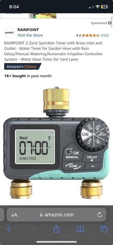 RAINPOINT 2 Zone Sprinkler Timer with Brass Inlet and Outlet - Water Timer for Garden Hose with Rain Delay/Manual Watering/Automatic Irrigation Contro
