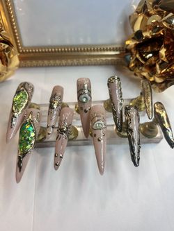 Green And Gold Chrome Nails 