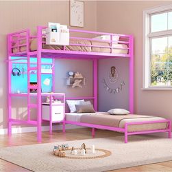Pink bunk bed with desk