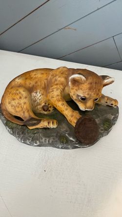 Homco Home Interior Masterpiece Porcelain Lion Cub Turtle Figurine Signed 1985