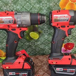 MILWAUKEE M18 FUEL 18-VOLT LITHIUM ION BRUSHLESS CORDLESS GEN-4 HAMMER DRILL AND IMPACT DRIVER  WITH  (2)-5.0AH  BATTERIES 