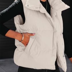 Women Puffer Vest Sleeveless Zip Up Stand 