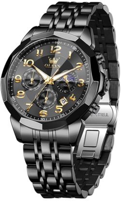 Brandnew Black Watches for Men Luxury Big Face Stainless Steel Dress Analog Quartz Easy Read Mens Watches Classic Casual Waterproof Moon Phase Chr