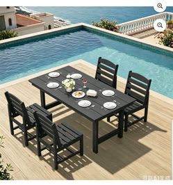 SERWALL Outdoor HDPE Dining Table Set, 5‑Piece Patio Dining Set with 4 Armless Chairs & Umbrella Hole, Black brand new in box $399 C143/C51