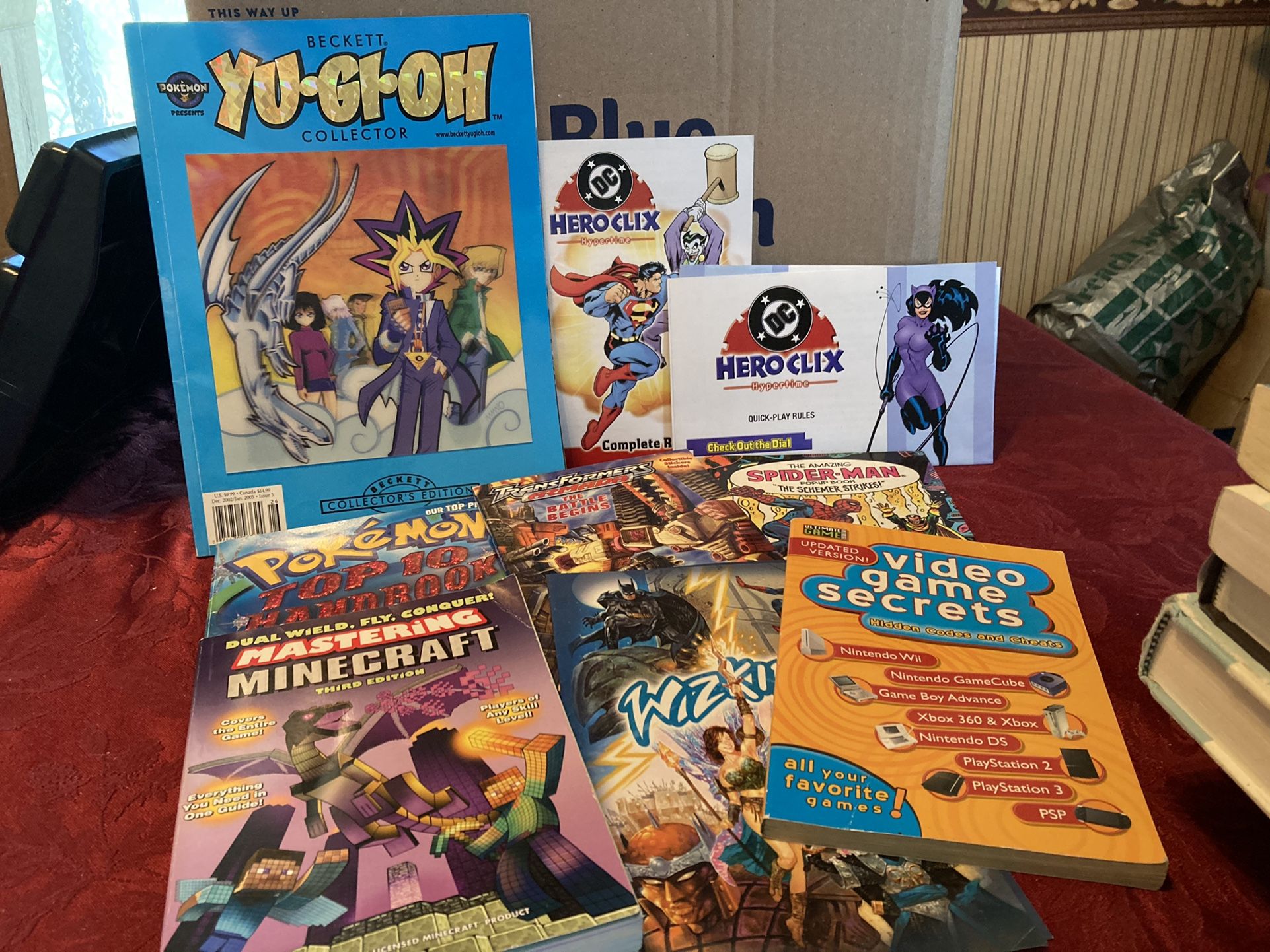 Yugioh, Minecraft, Pokémon, Video game Secrets, Transformers, Spider-Man book lot, Helio rules