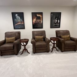 Moving- Home Theater Luxury – 3 Leather Recliners- used for staging only