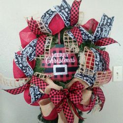 Red, black ribbon with burlap Christmas wreath