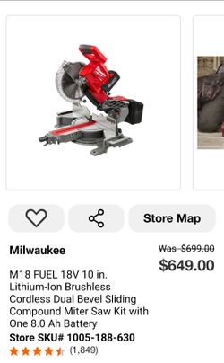 Milwaukee
M18 FUEL 18V 10 in. Lithium-lon Brushless Cordless Dual Bevel Sliding Compound Miter Saw Kit with One 8.0 Ah Battery