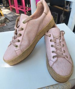 Women's Michael pink Kors Poppy Espadrille sneakers with flamingo and palm tree designs 6 1/2