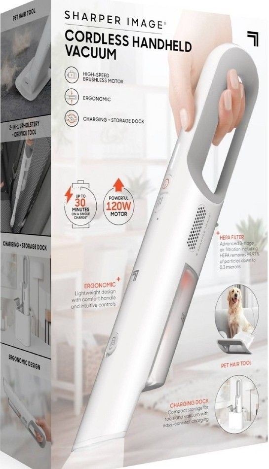 Sharper Image Handheld Vacuum with
High-Speed 120W Brushless Motor,
Cordless White: Portable, Bagless, HEPA
Filter, Multi-Surface