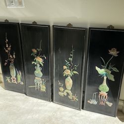 4 Antique Asian Chinese Japanese Chinoiserie Black Lacquer Wall Art Panels. Set Of 4 Imported from Hong Kong