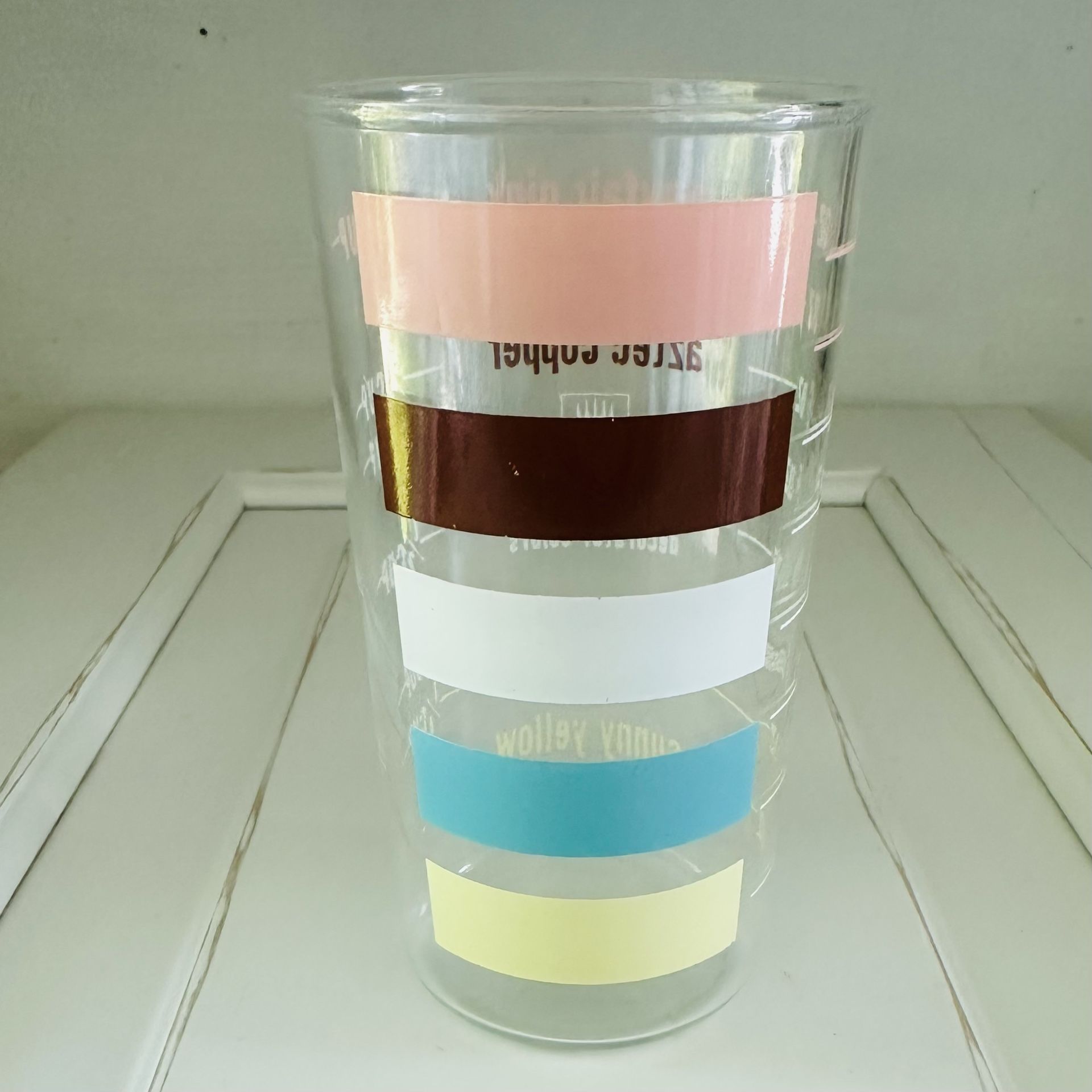 Vintage Frigidaire 8oz. Glass Measuring Cup/Decorative Advertising Color Chart for Vintage Refrigerators/Appliances. Size: 4 3/4" tall x 2 5/8"