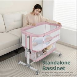 Bassinet Bedside Sleeper, Portable, Breathable, Adjustable Baby Bedside Bassinet for Peaceful Nights, Pink