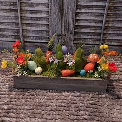 He-5.5in Width-17in HANDMADE artificial Easter Arrangement In A Wood Tray