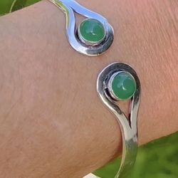 S925 Silver Genuine Green Onyx Gemstone Adjustable 7-8” Cuff Bracelet