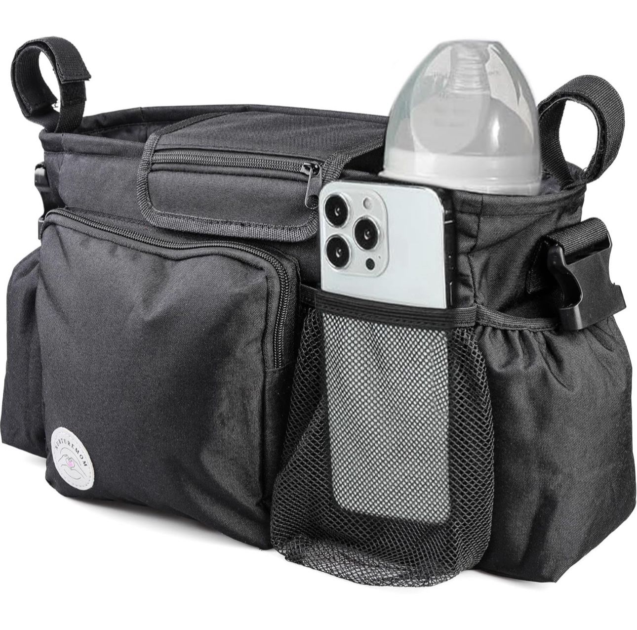 NurtureMom Universal Stroller Organizer Bag Cup Holder Phone Pocket Black