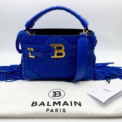 Balmain Blue Monogrammed B-buzz 22 Tote Suede Leather Shoulder Bag