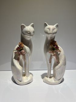 Pair Of Mid-Century Rosenthal Netter Pearlescent White Ceramic 12” Cat Statues