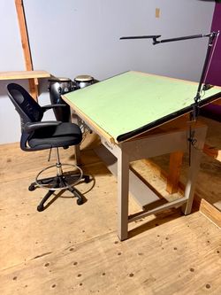 Vintage Drafting table with chair and lamp