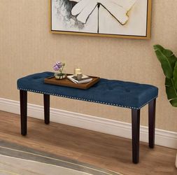 37.8in Blue Tufted Upholstered Bench with Nailhead Trim
