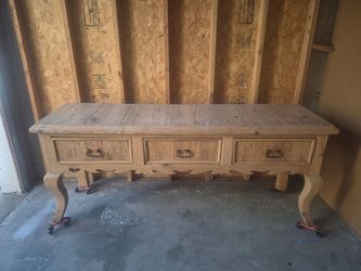 solid unfinished wood handcarved buffet table with 3 drawers