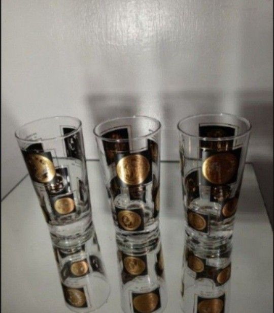 MID CENTURY HIGHBALL GOLD WORLD COIN GLASS SET OF 10