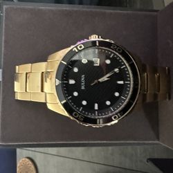 Bulova Men's Watch 98B375 Quartz Black Dial Date Gold Stainless Steel 43mm