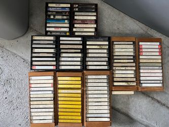 Collection of cassette tapes, CDs, music DVDs, cassette player/radio