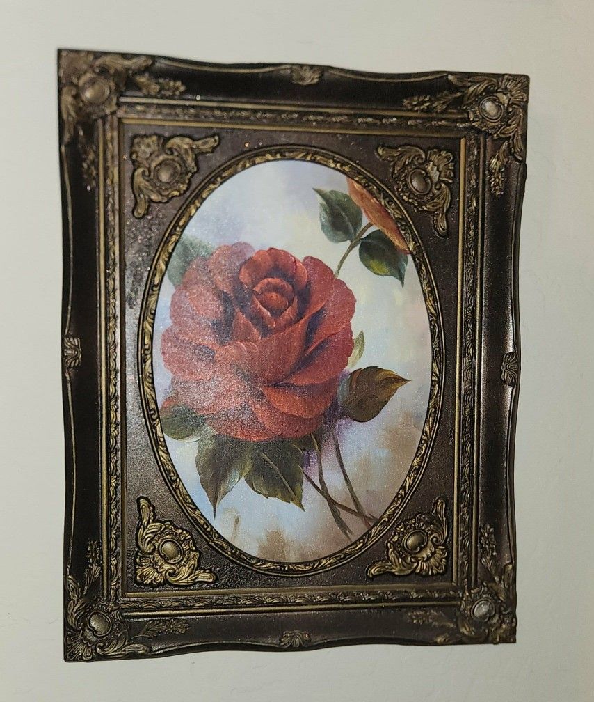 VINTAGE ORNATE VICTORIAN WOODEN FRAMED GOLD BRONZE FLOWER ROSE STILL LIFE CANVAS PAINTING PICTURE ART WALL DECOR