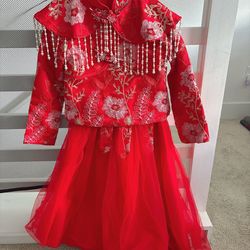 Chinese Girls Red Dress 2pc Set Embroidery traditional Cheongsam Outfit Size 130 Age 7 Set Halloween Dress Top long sleeve shirt + pearl collar decor