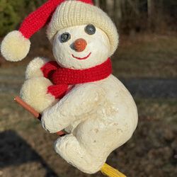 Estate Paper Mache Sparkly White Snowman Riding Broom with Red Cap & Scarf 