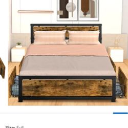 LTMATE Full Black Wood Metal Bed Frame Storage with Headboard