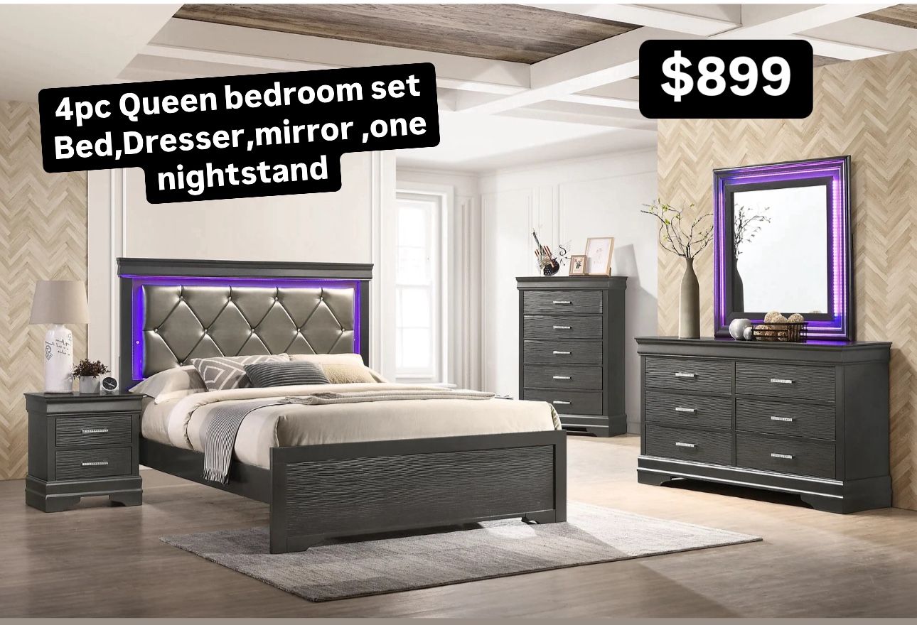 New LED Grey Bedroom 4pc Queen Set K Furniture & More Lehigh