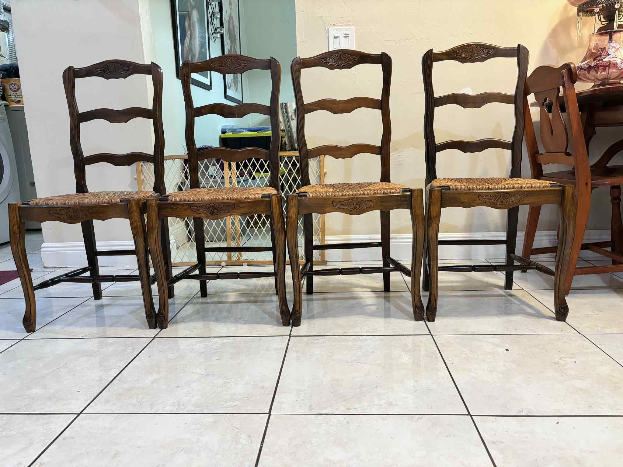 Vintage French Ladder Back Set of 4 Rush Seat Dining Chairs