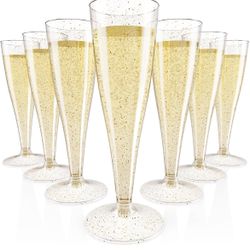 JOLLY CHEF 100 Pack Plastic Champagne Flutes Disposable 4.5 oz Gold Glitter Plastic Champagne Glasses for Wedding, Thanksgiving Day, Christmas