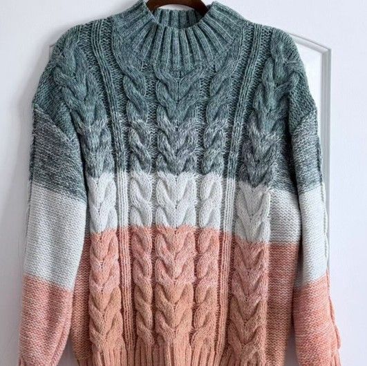 Altar'd State - Chunky Cable Knit Striped Fringe Sweater