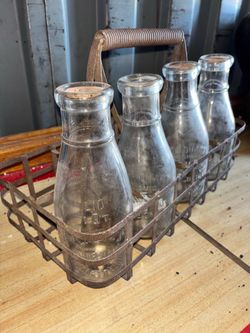 Vintage Glass Milk Bottles in Wire Carrier